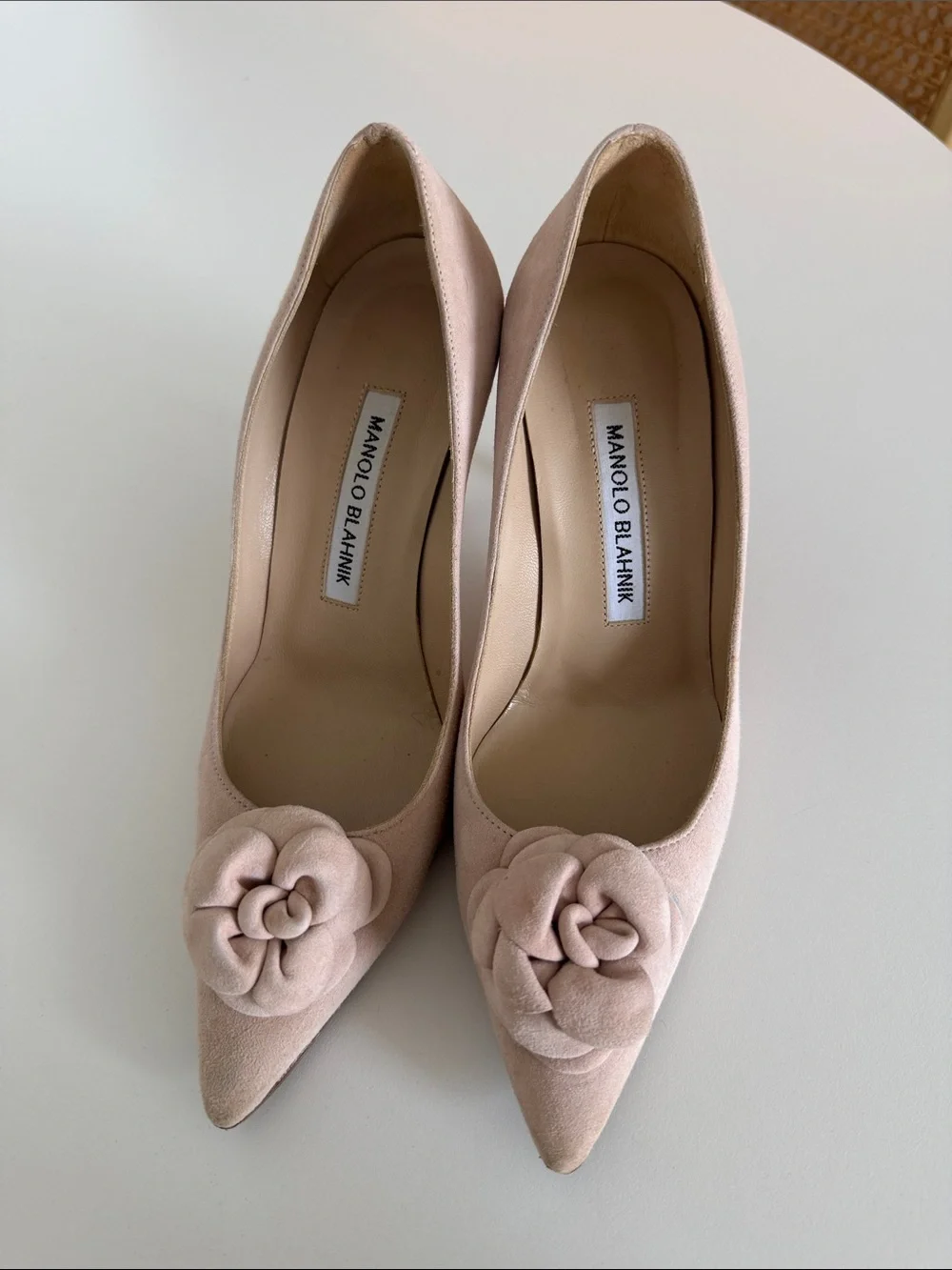 Manolo Blahnik Pale Pink/ Cream Suede Pointed-Toe Pumps with Camellia Detail